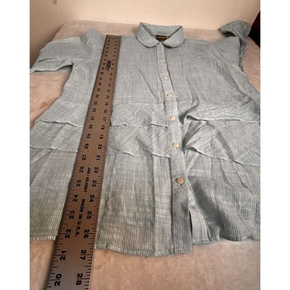 Chico's Blue Striped Button-Up Ruffle Tunic Top Shirt Size 2 Cotton Long Sleeve - Picture 9 of 9